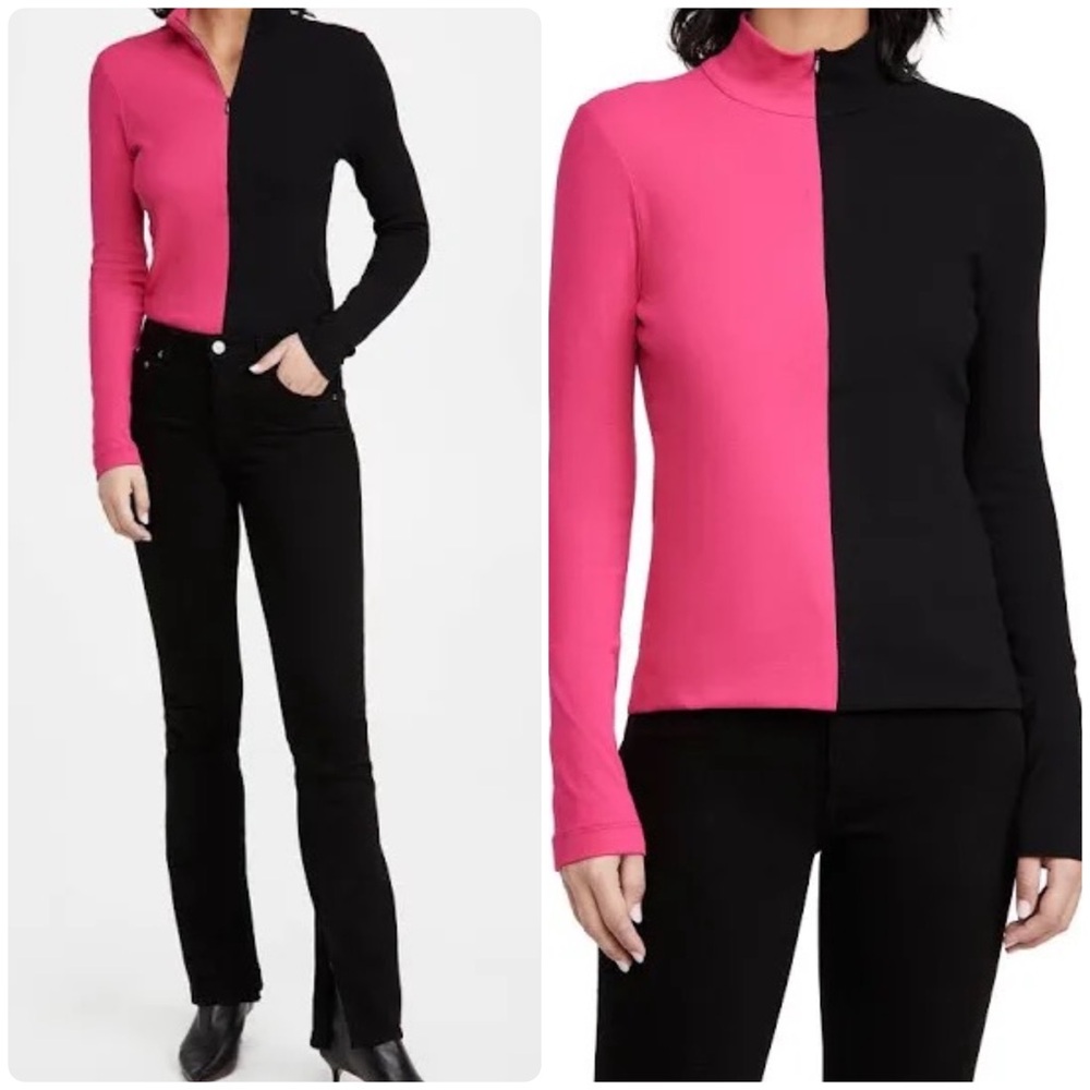 Rosetta Getty Color Block Long Sleeve Zip Up Turtleneck Top